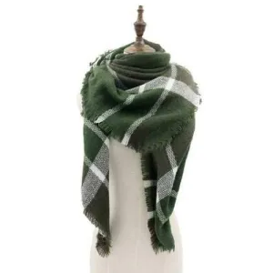 Vintage Plaid Pattern Embellished Faux Wool Shawl Scarf - Army Green