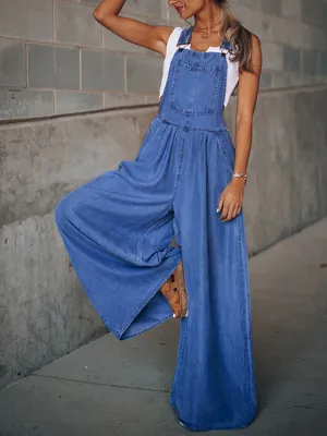 Wide Leg Denim Blue Overalls