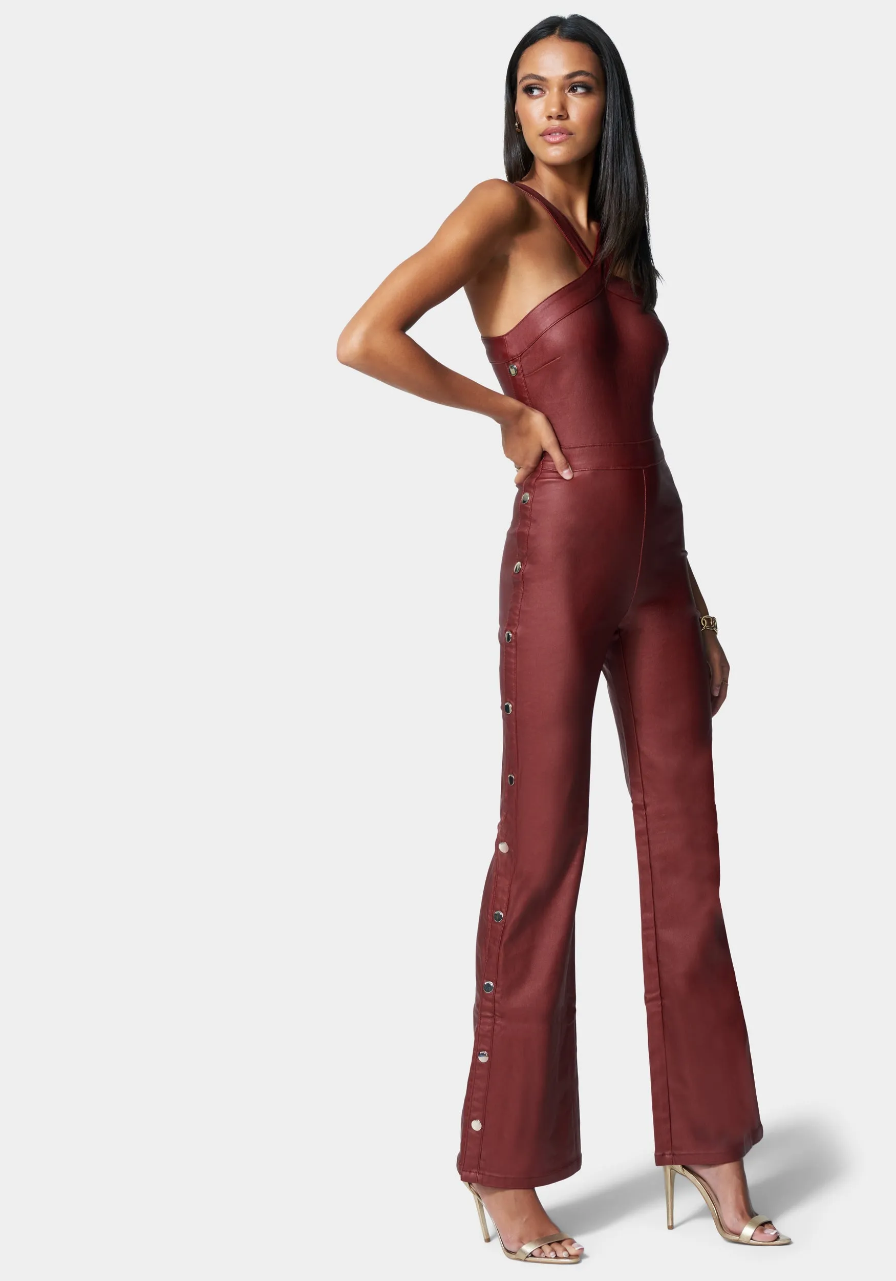 Wide Leg Snap Detail Coated Denim Jumpsuit
