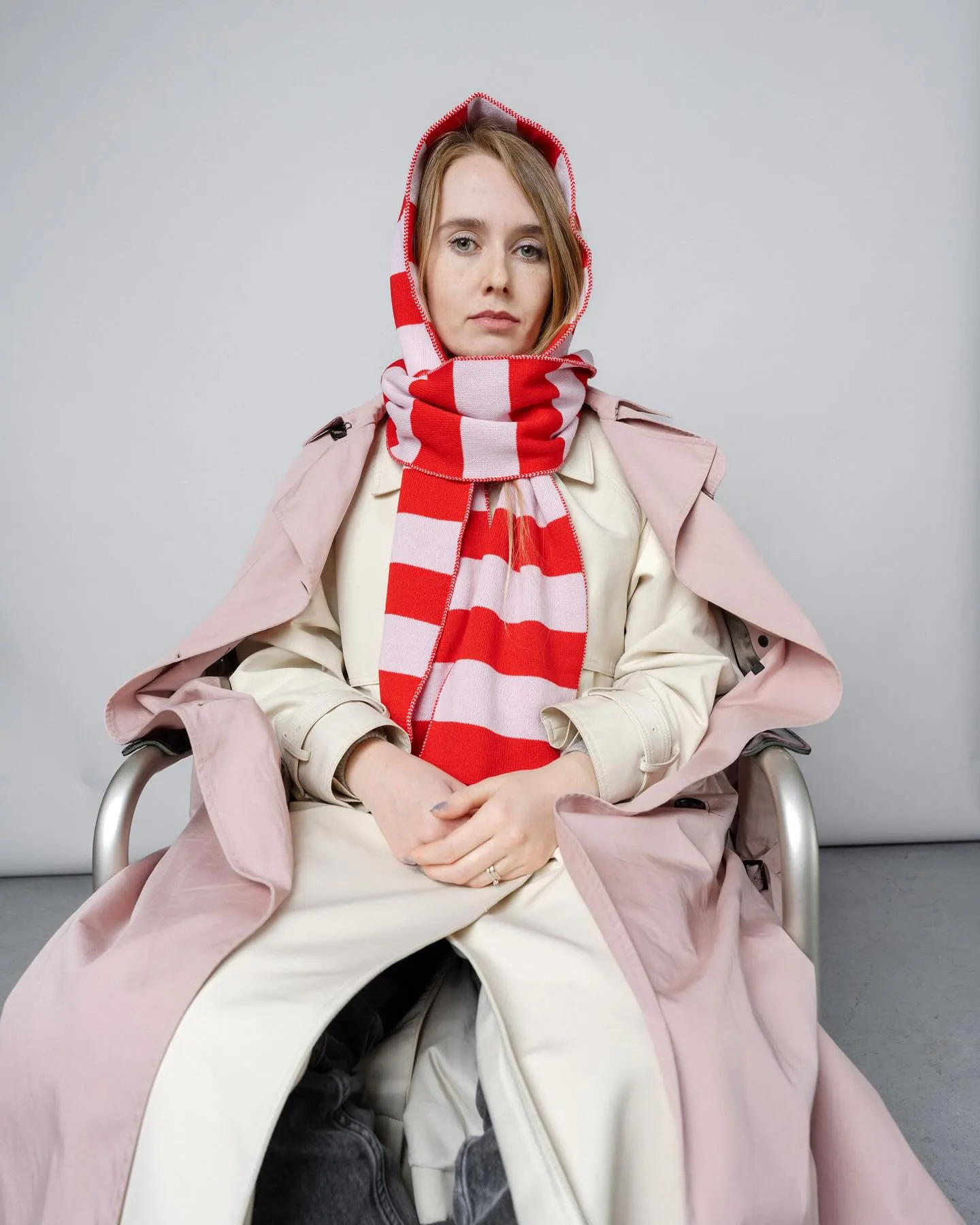 Wide Stripe Wool and Cashmere Scarf in Pink and Red