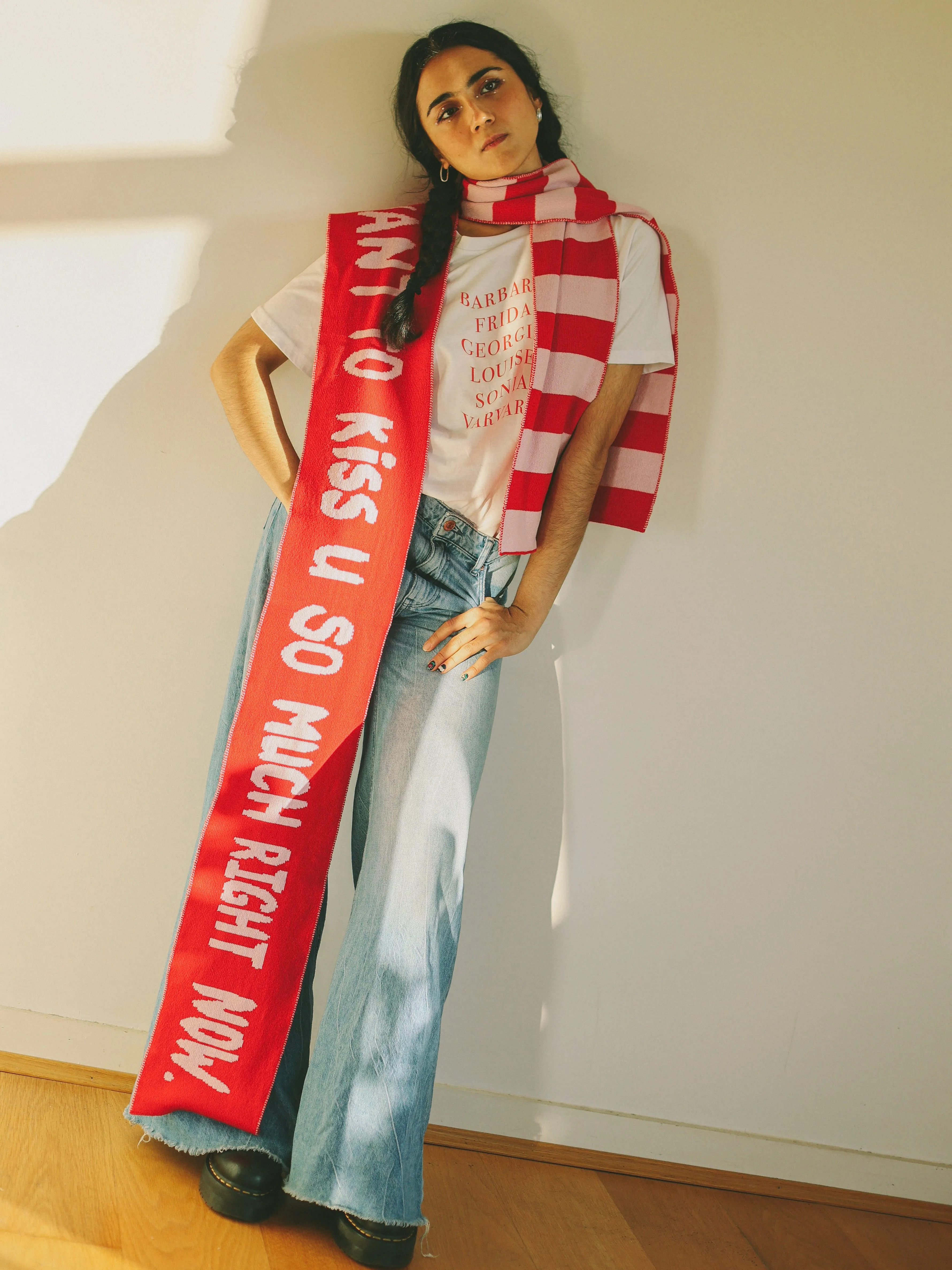 Wide Stripe Wool and Cashmere Scarf in Pink and Red
