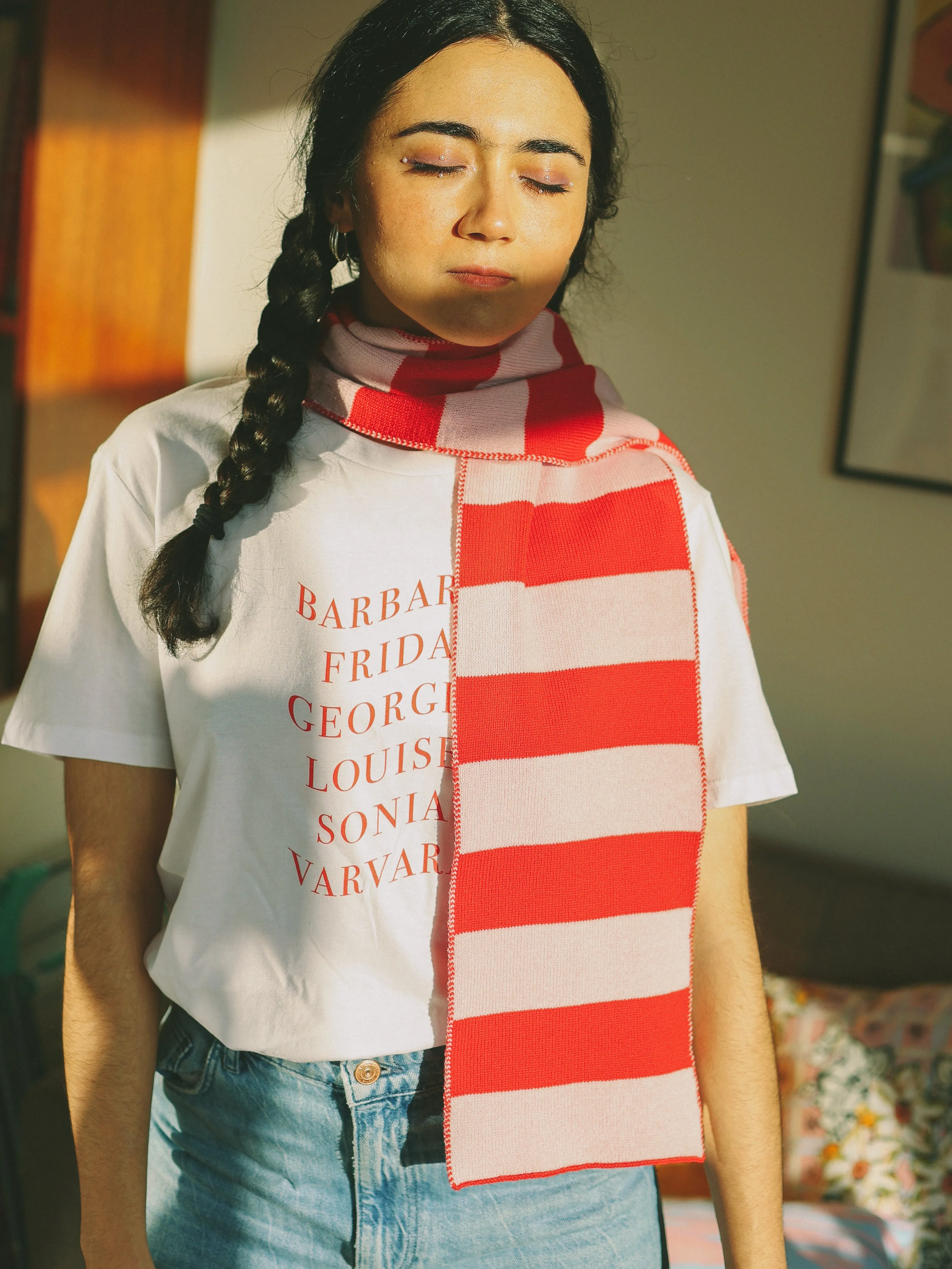 Wide Stripe Wool and Cashmere Scarf in Pink and Red