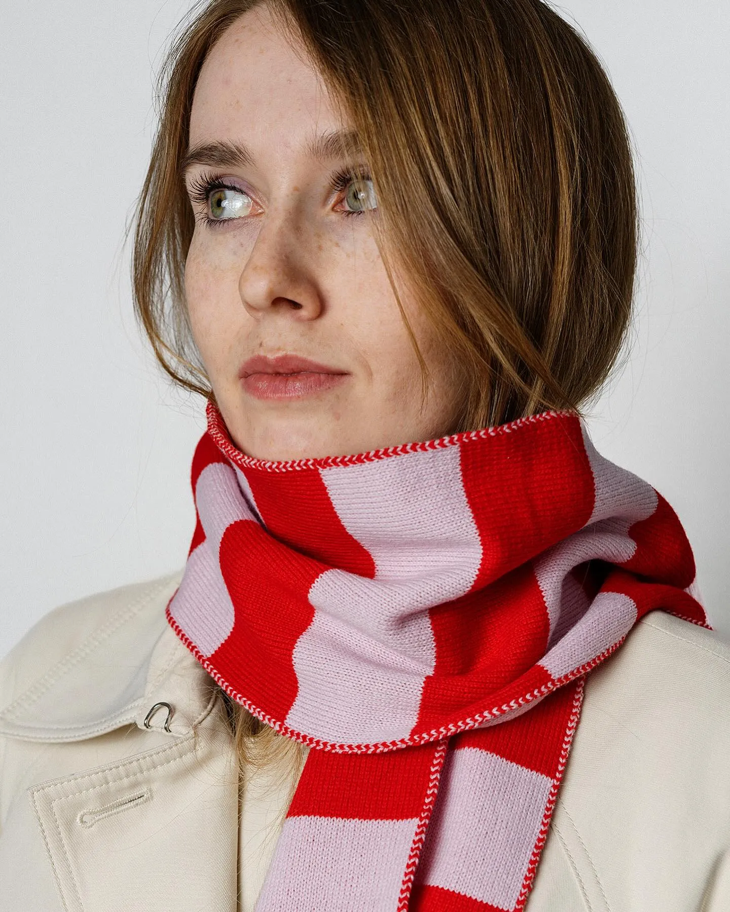 Wide Stripe Wool and Cashmere Scarf in Pink and Red