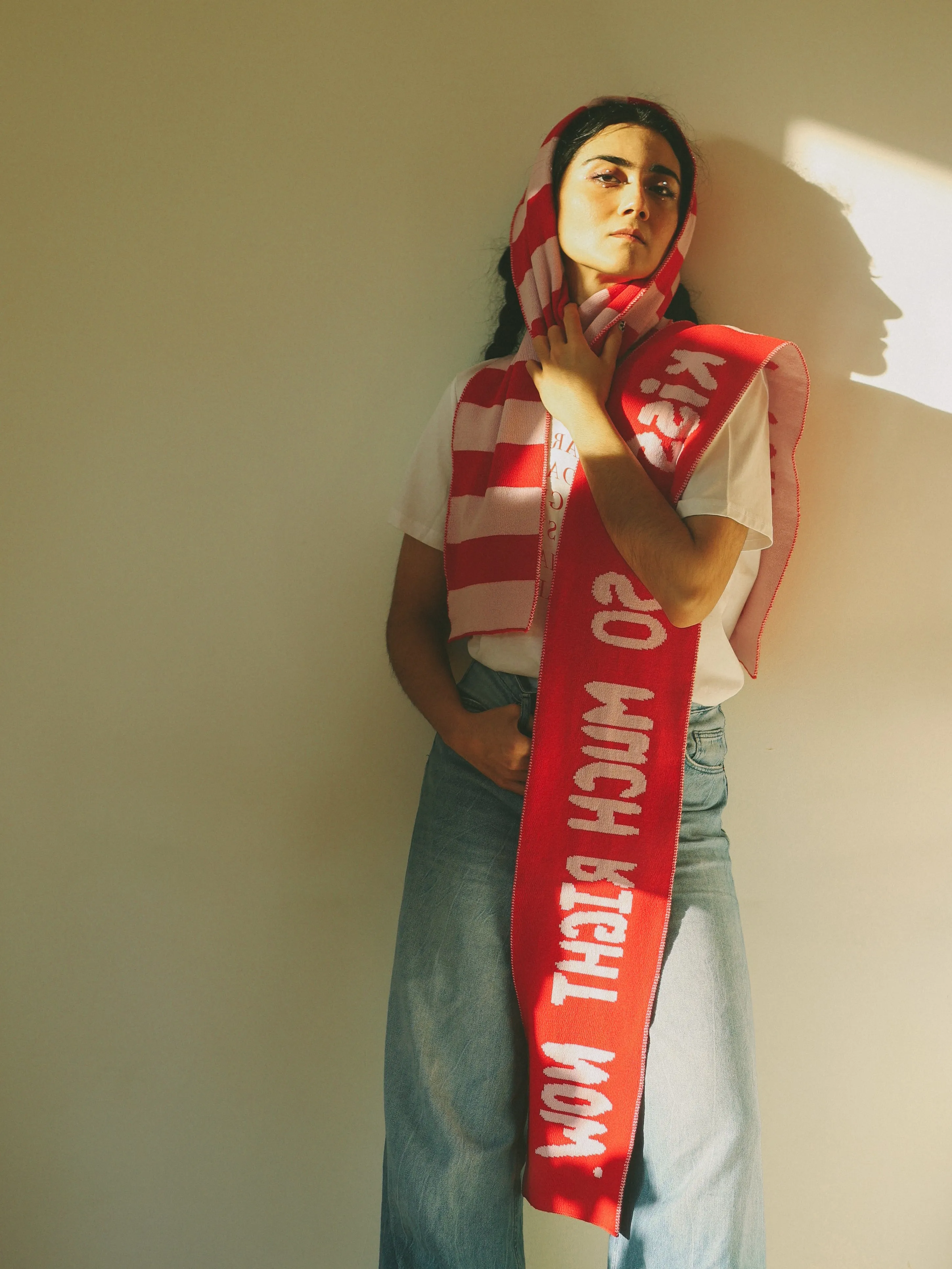 Wide Stripe Wool and Cashmere Scarf in Pink and Red