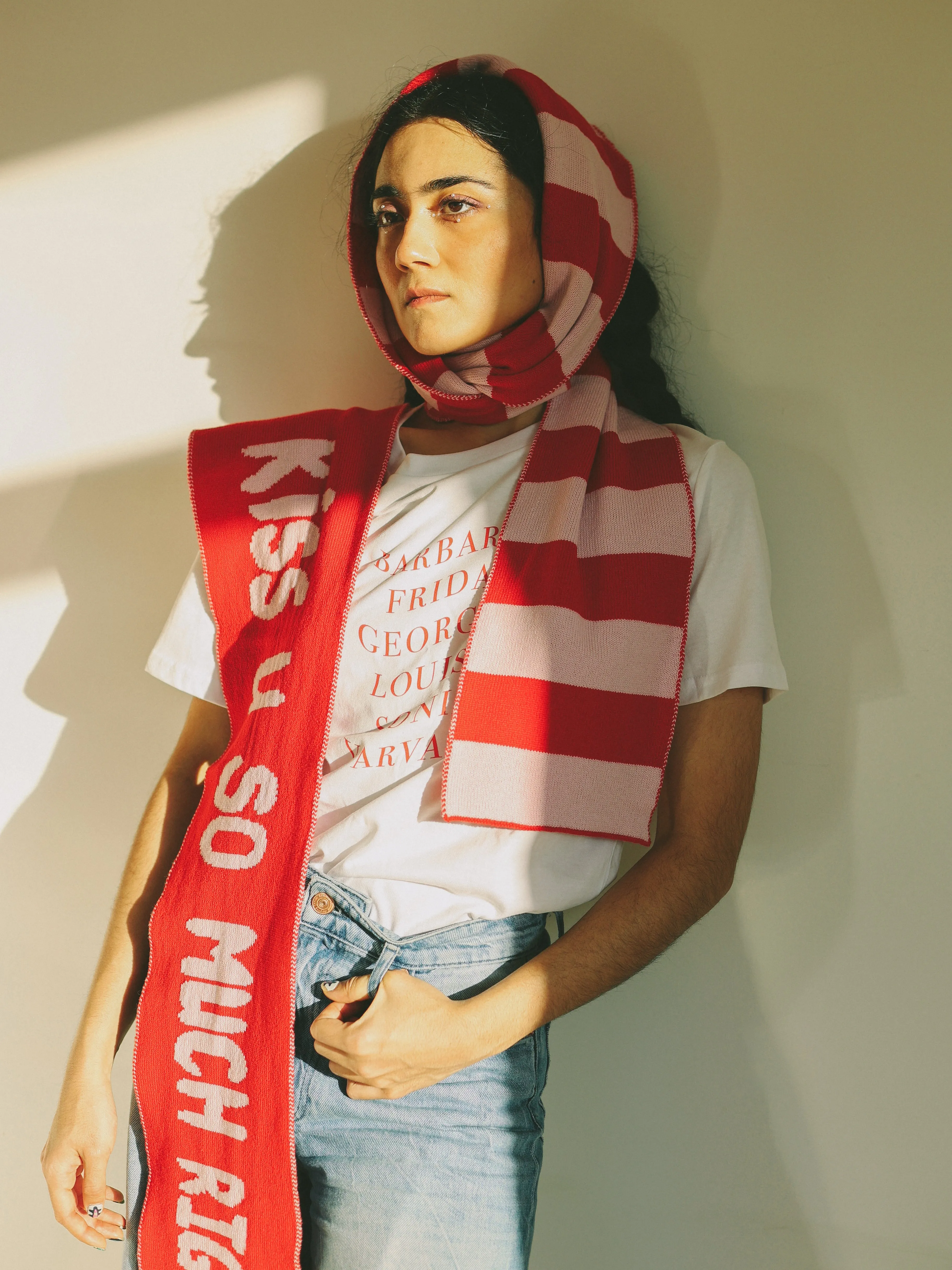 Wide Stripe Wool and Cashmere Scarf in Pink and Red