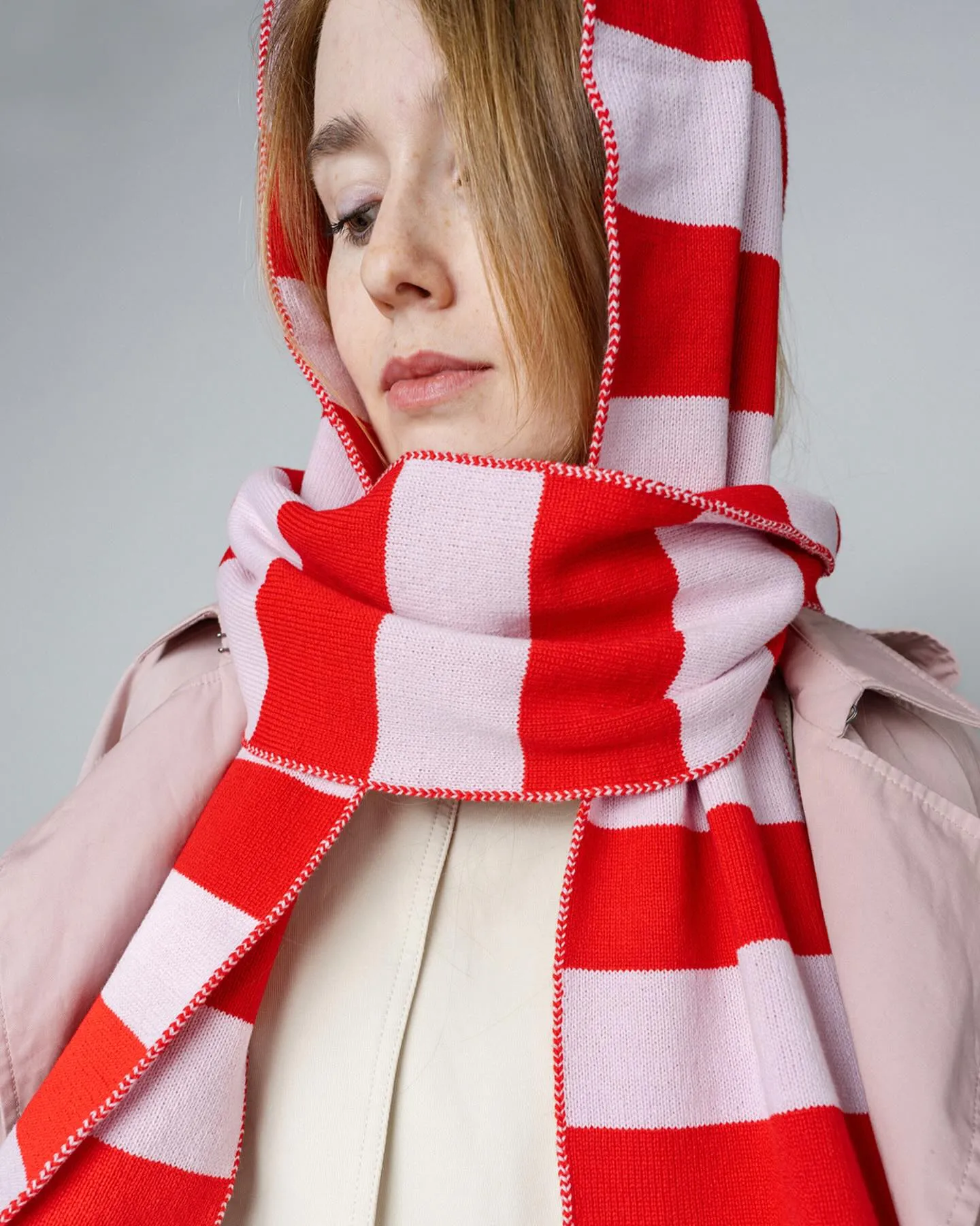Wide Stripe Wool and Cashmere Scarf in Pink and Red