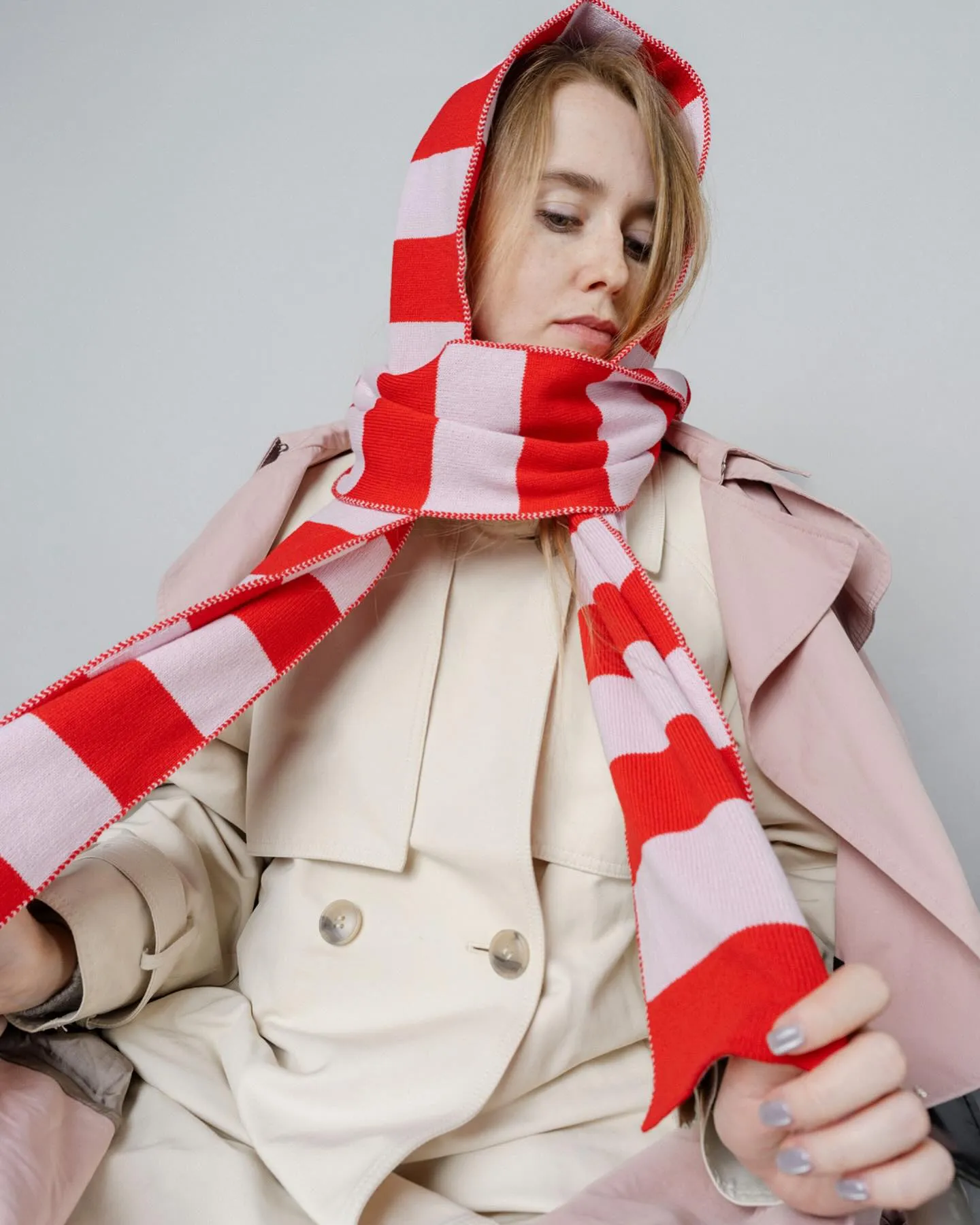 Wide Stripe Wool and Cashmere Scarf in Pink and Red