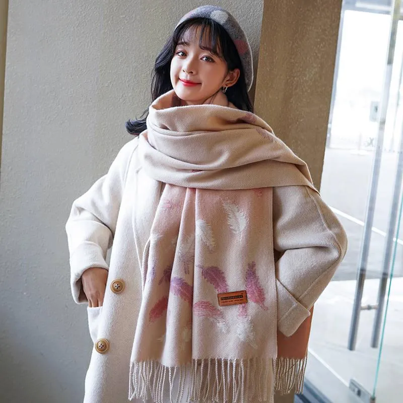 Winter Scarf Women Wool Feather Print Cashmere Scarf Pashmina Tassels Women Men Wrap Shawl