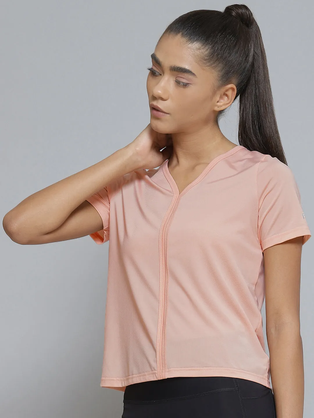 Women Peach-Coloured V-Neck Sports T-shirt