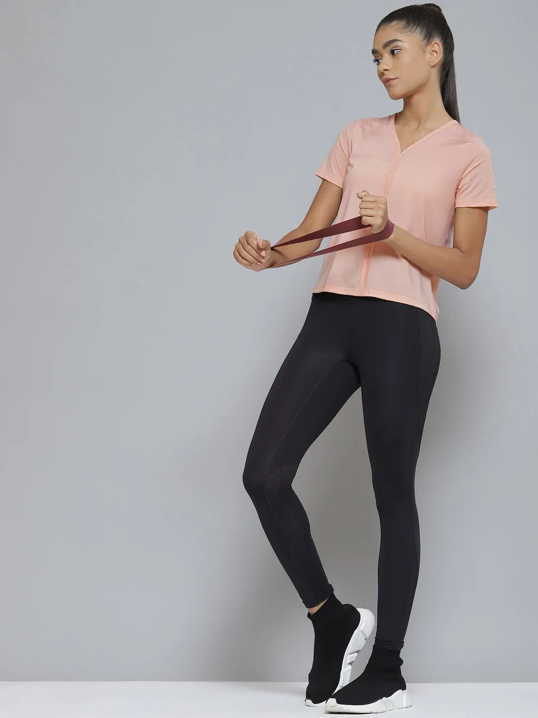 Women Peach-Coloured V-Neck Sports T-shirt
