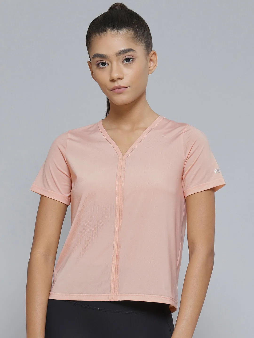 Women Peach-Coloured V-Neck Sports T-shirt