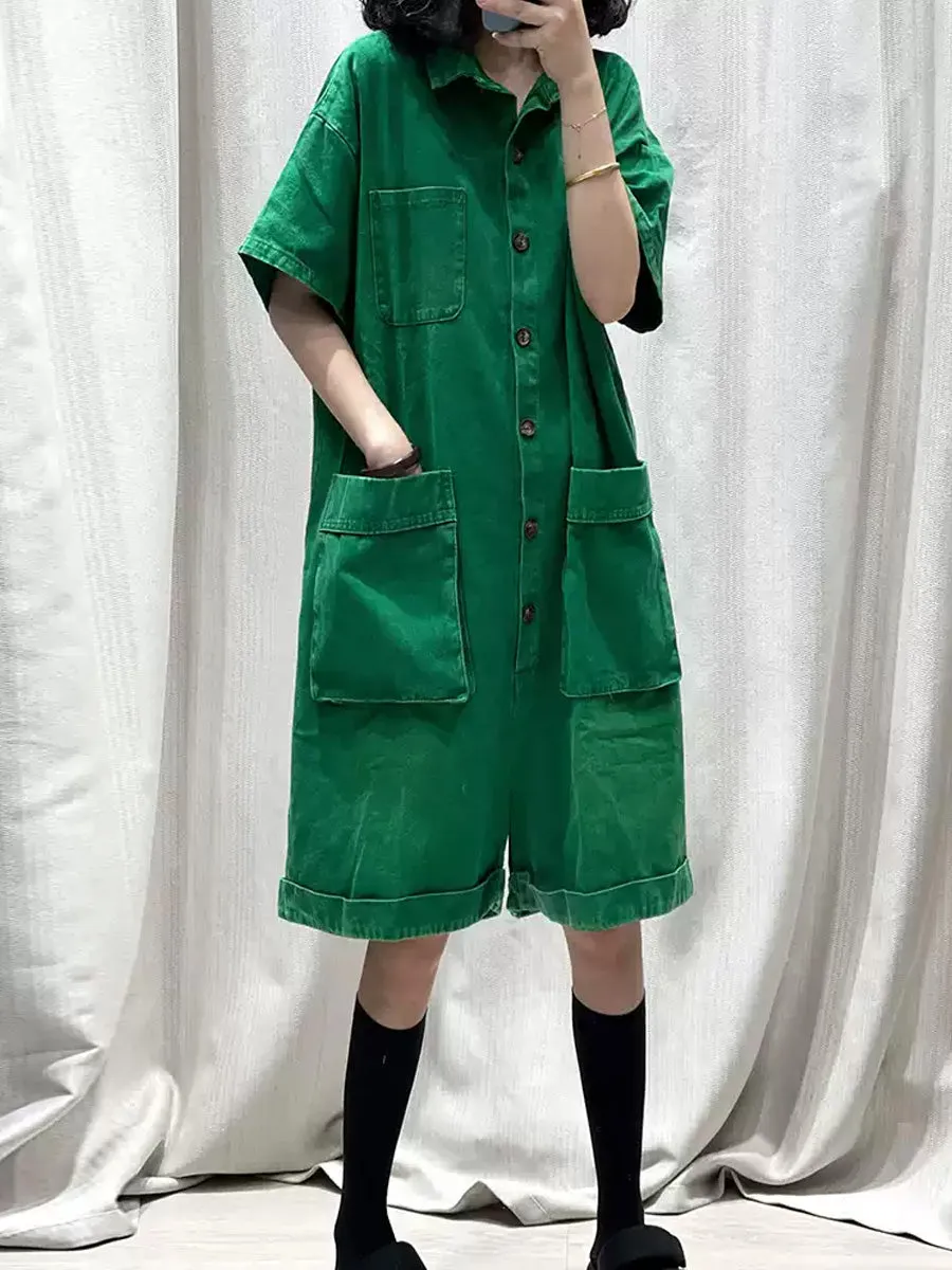 Women Summer Casual Pure Color Loose Short Jumpsuits