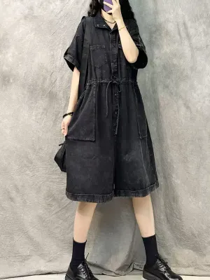 Women Summer Vintage Pure Color Loose Jumpsuits