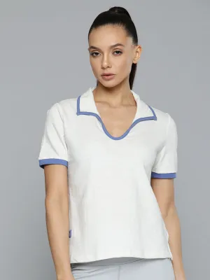 Women White Solid Polo Collar Organic Cotton Anti Odour T-shirt