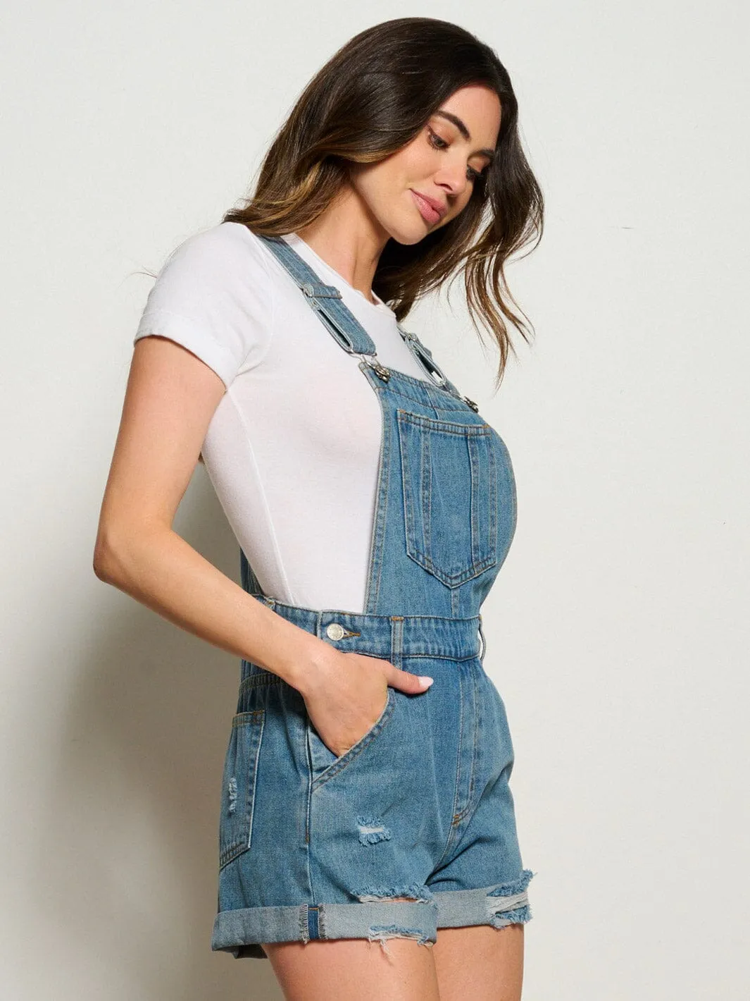 WOMEN'S BUTTON CLOSURE POCKETS DISTRESS DENIM OVERALL