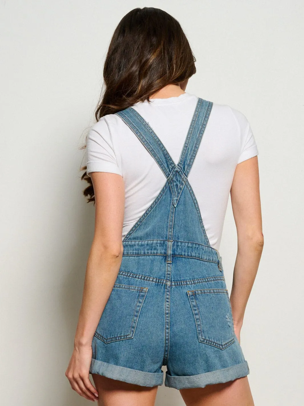 WOMEN'S BUTTON CLOSURE POCKETS DISTRESS DENIM OVERALL