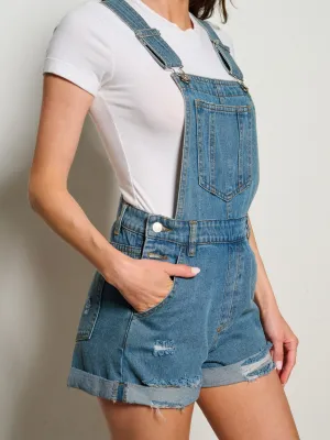 WOMEN'S BUTTON CLOSURE POCKETS DISTRESS DENIM OVERALL