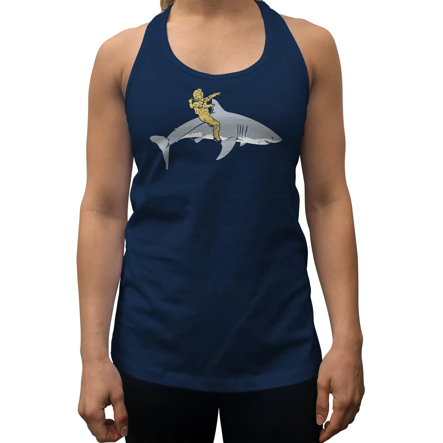 Women's Diver Riding a Shark Racerback Tank Top