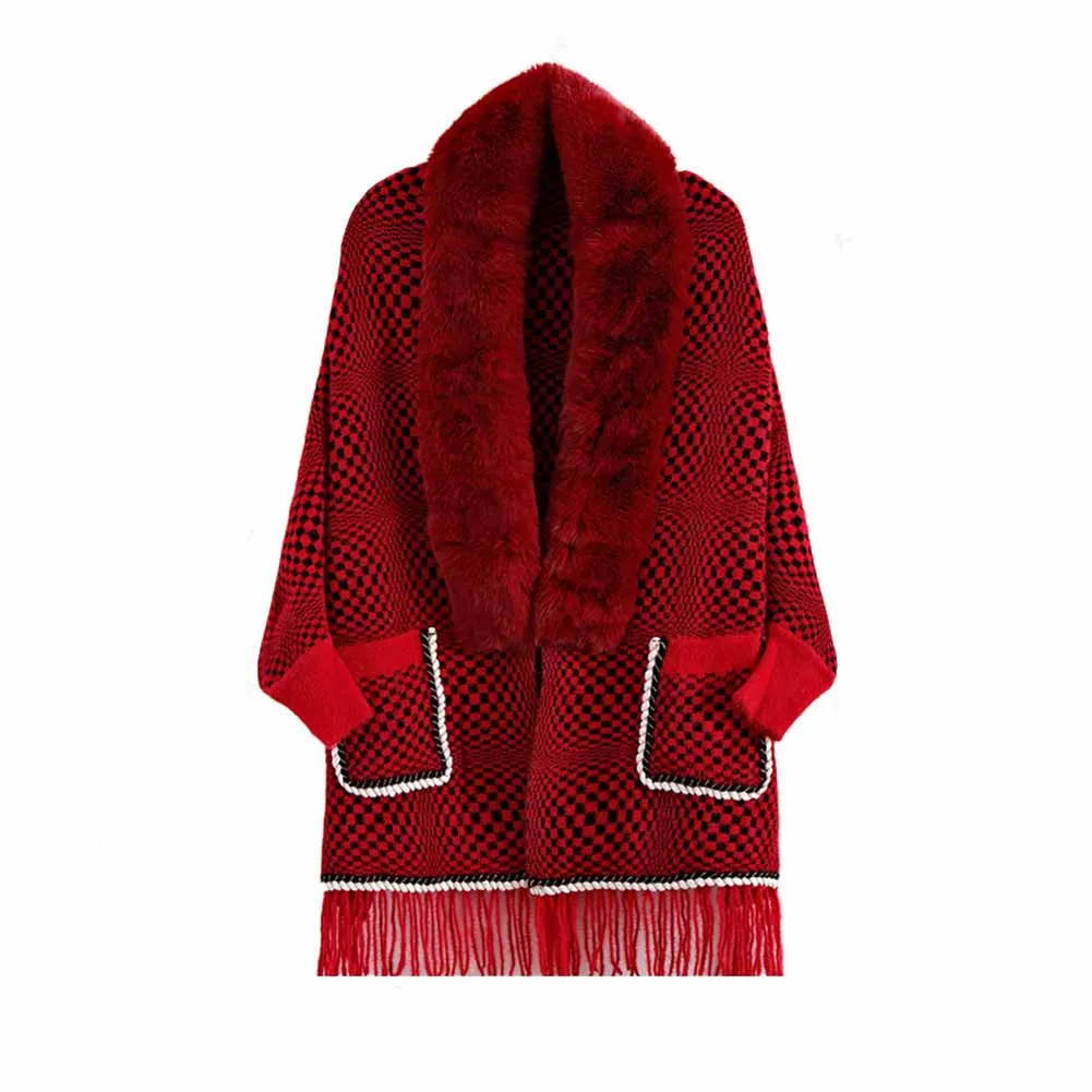 Women's Large Size Knit Cape Shawl Coat Plaid Batwing Cardigan Sweater Cloak