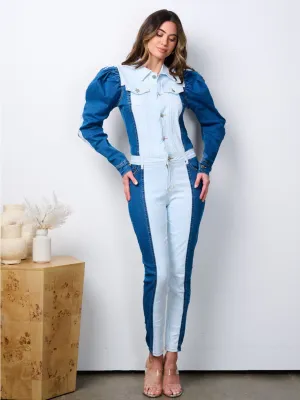 WOMEN'S LONG PUFF SLEEVE BUTTON UP DENIM JUMPSUIT