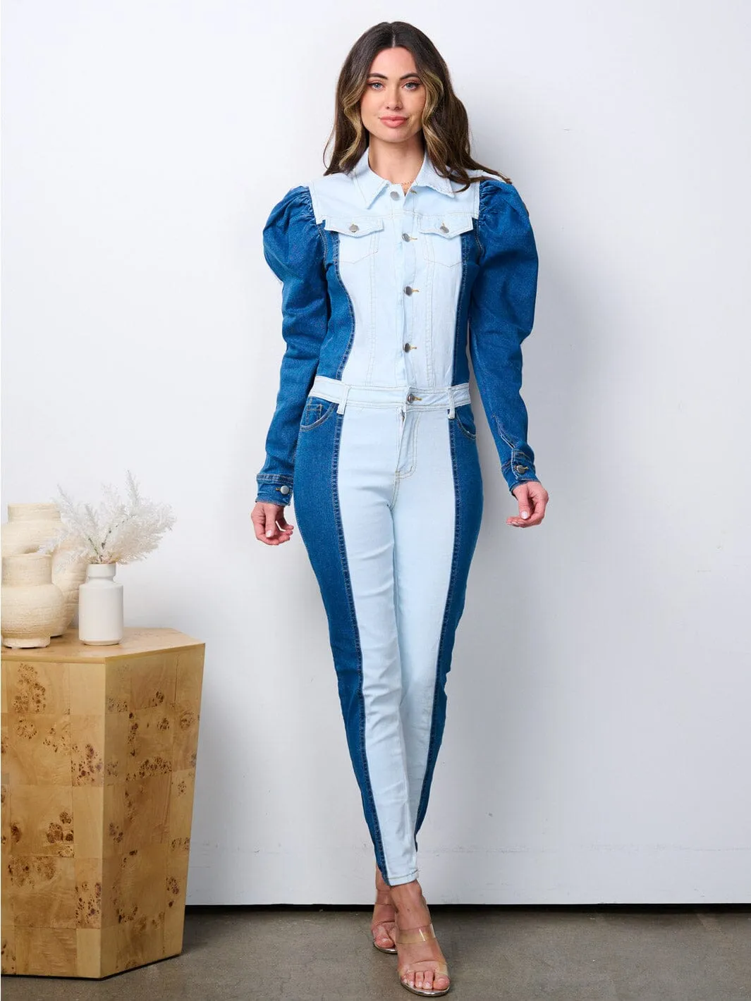 WOMEN'S LONG PUFF SLEEVE BUTTON UP DENIM JUMPSUIT
