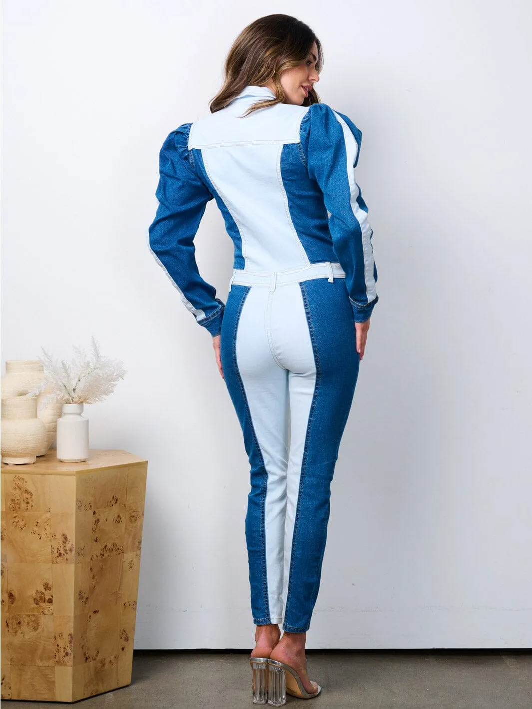 WOMEN'S LONG PUFF SLEEVE BUTTON UP DENIM JUMPSUIT