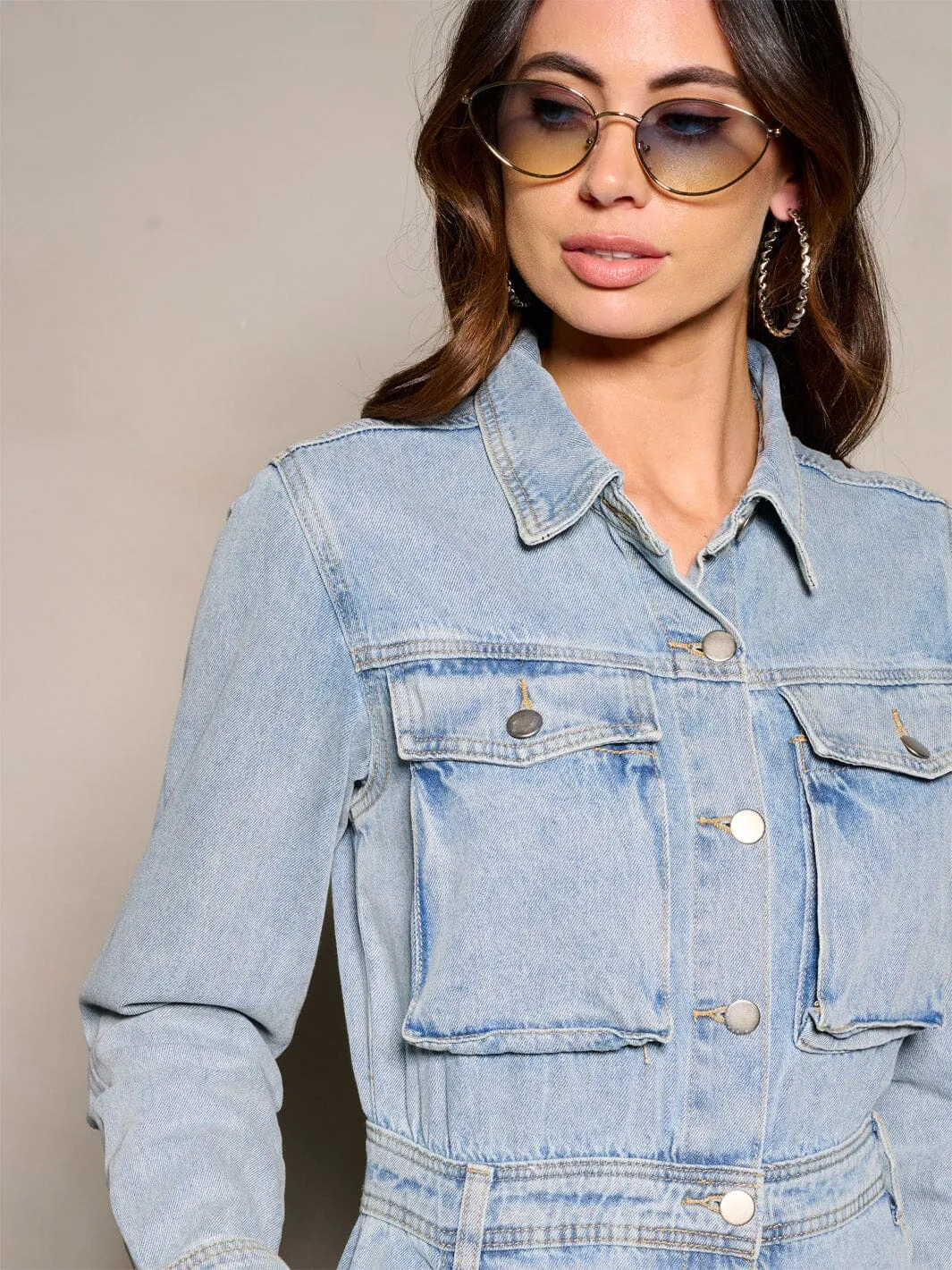 WOMEN'S LONG SLEEVE BUTTON UP DENIM JUMPSUIT