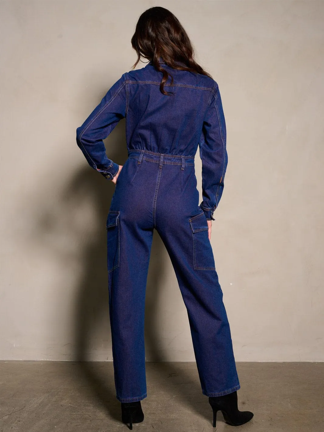 WOMEN'S LONG SLEEVE BUTTON UP DENIM JUMPSUIT