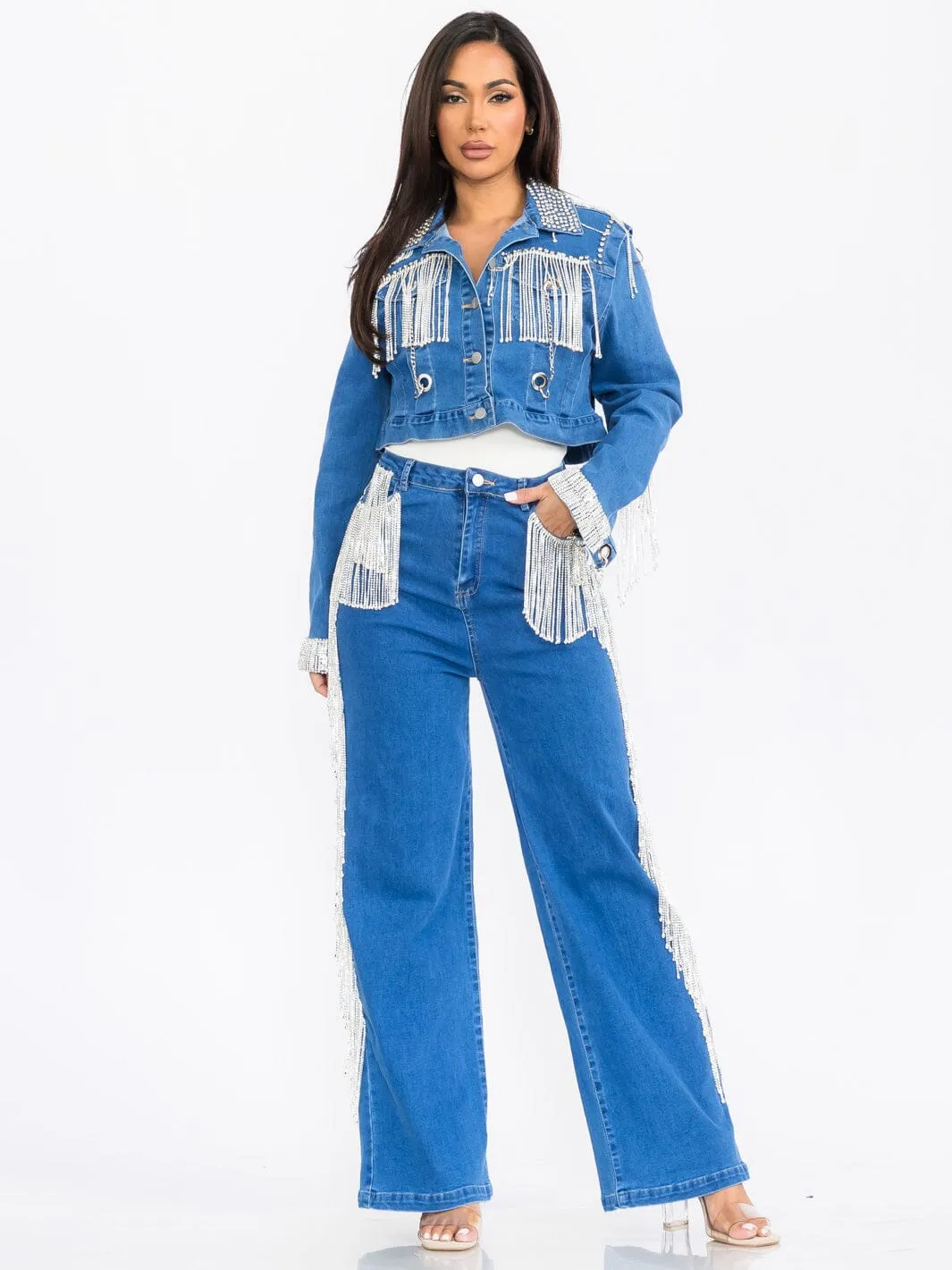 WOMEN'S LONG SLEEVE JACKET & WIDE LEG PANTS FRINGE DENIM 2PC. SET