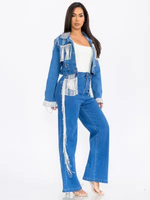 WOMEN'S LONG SLEEVE JACKET & WIDE LEG PANTS FRINGE DENIM 2PC. SET