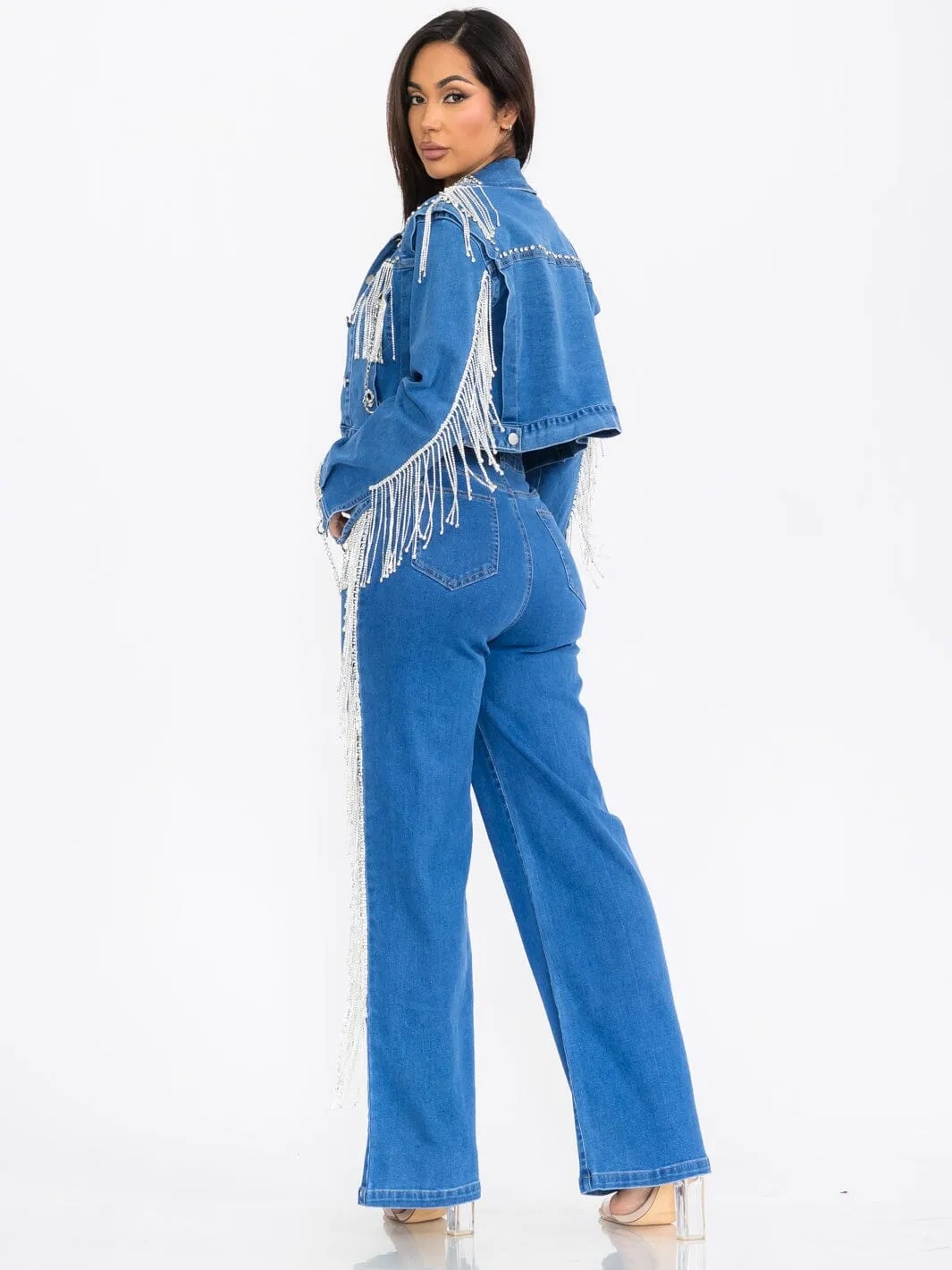 WOMEN'S LONG SLEEVE JACKET & WIDE LEG PANTS FRINGE DENIM 2PC. SET
