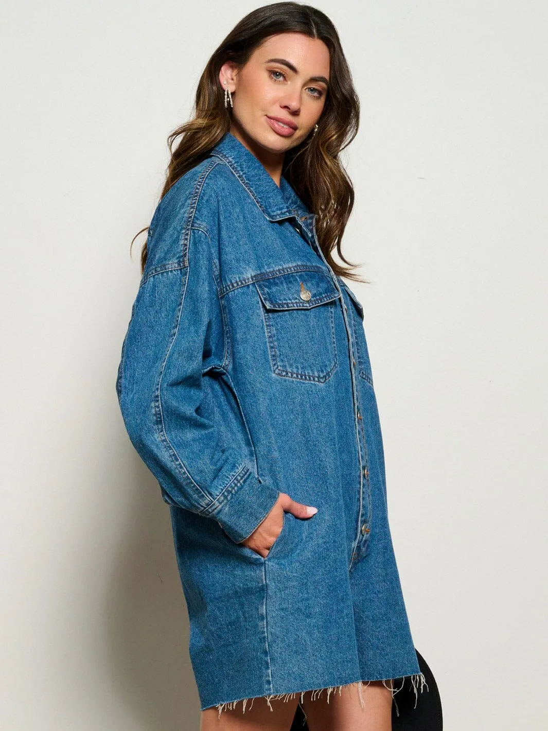 WOMEN'S LONG SLEEVE POCKETS BUTTON UP DENIM ROMPER