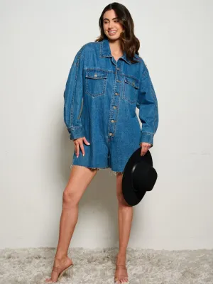 WOMEN'S LONG SLEEVE POCKETS BUTTON UP DENIM ROMPER