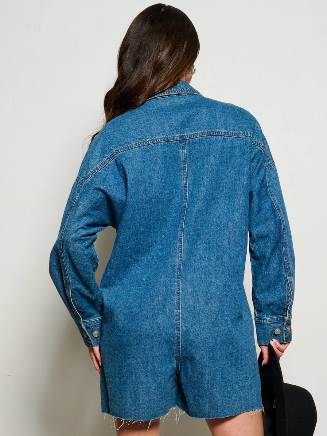 WOMEN'S LONG SLEEVE POCKETS BUTTON UP DENIM ROMPER