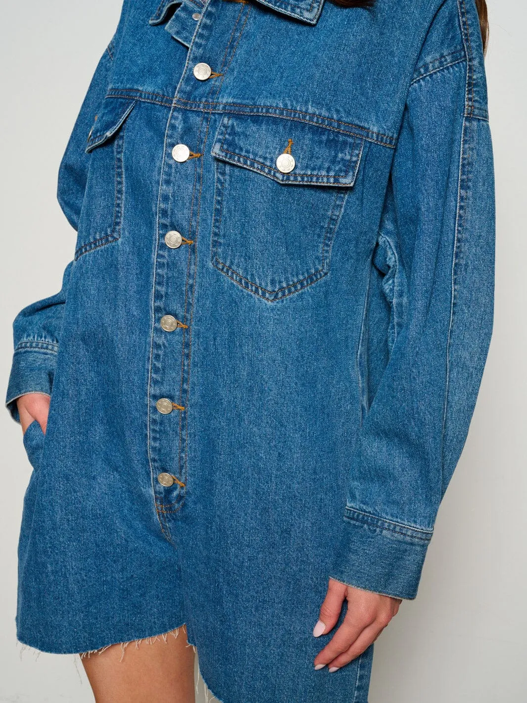 WOMEN'S LONG SLEEVE POCKETS BUTTON UP DENIM ROMPER