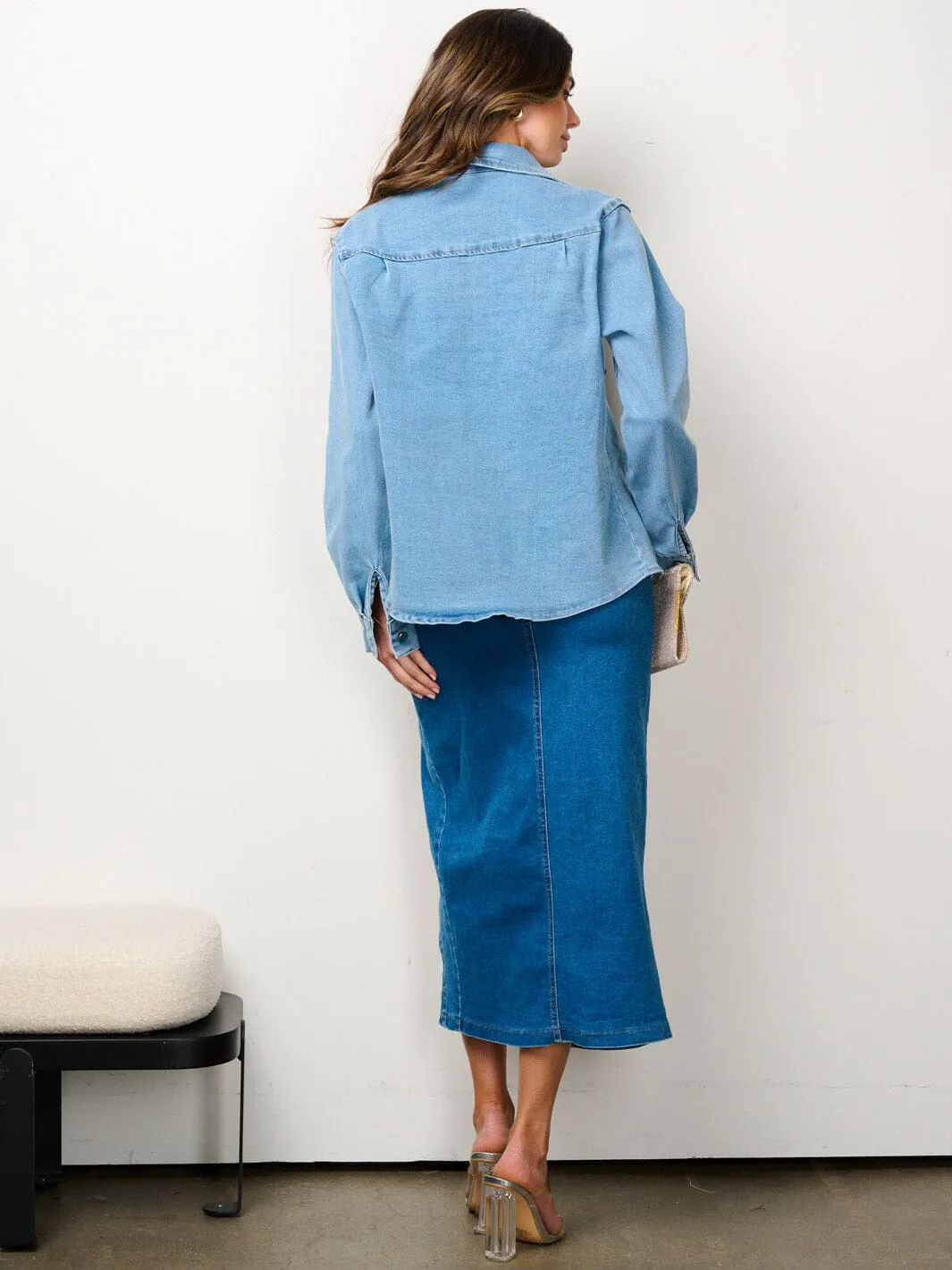 WOMEN'S LONG SLEEVE SHIRT & MIDI SKIRT DENIM 2PC.SET