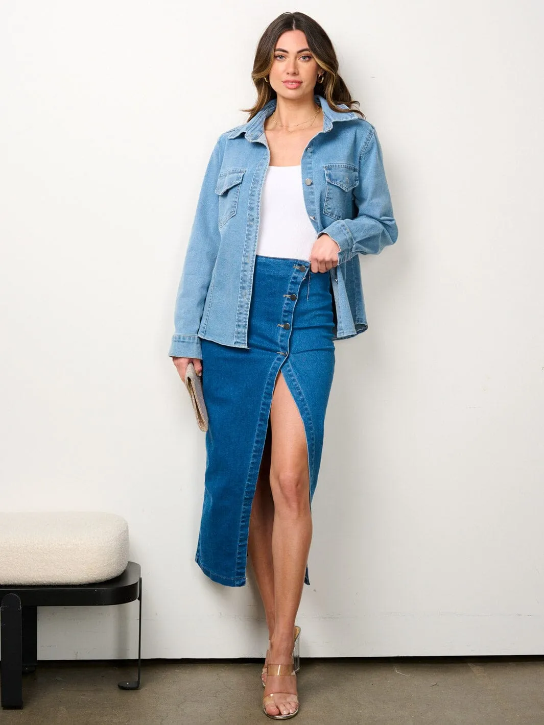 WOMEN'S LONG SLEEVE SHIRT & MIDI SKIRT DENIM 2PC.SET