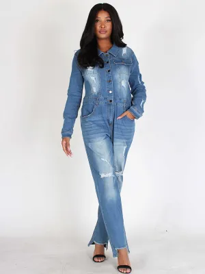 WOMEN'S LONG SLEEVES POCKETS BUTTON UP WASHED DISTRESSED DENIM JUMPSUIT