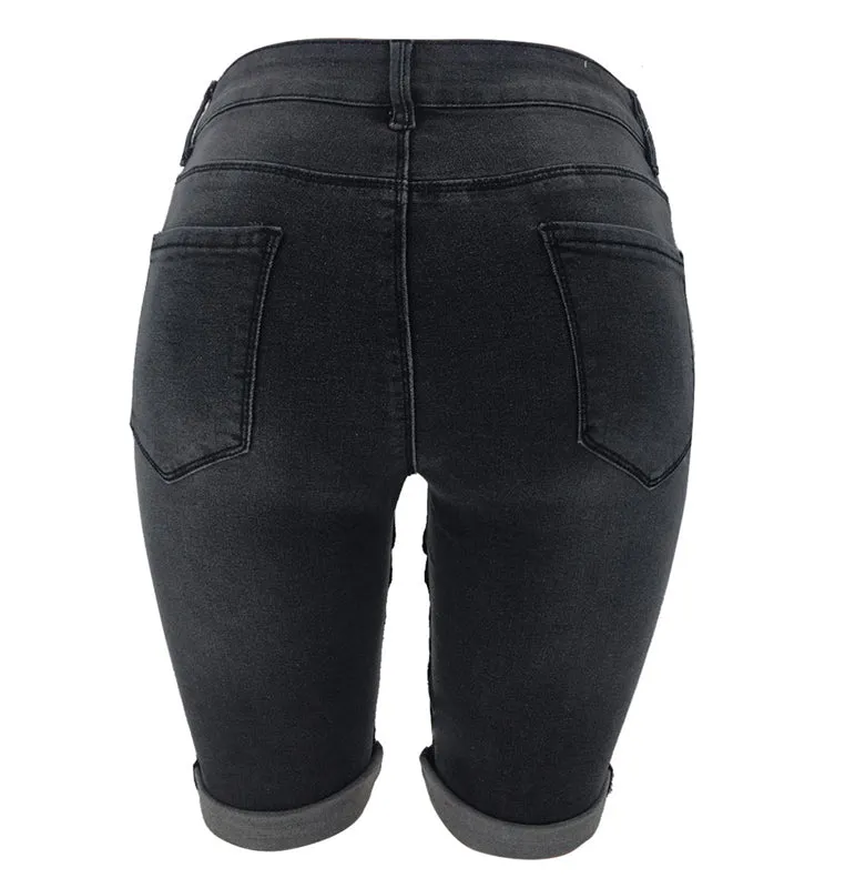 Women's Motorcycle Jean Shorts Mid Waisted Bermuda Shorts