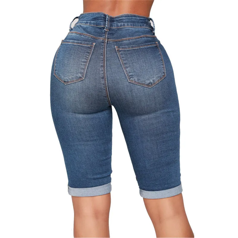 Women's Motorcycle Jean Shorts Mid Waisted Bermuda Shorts