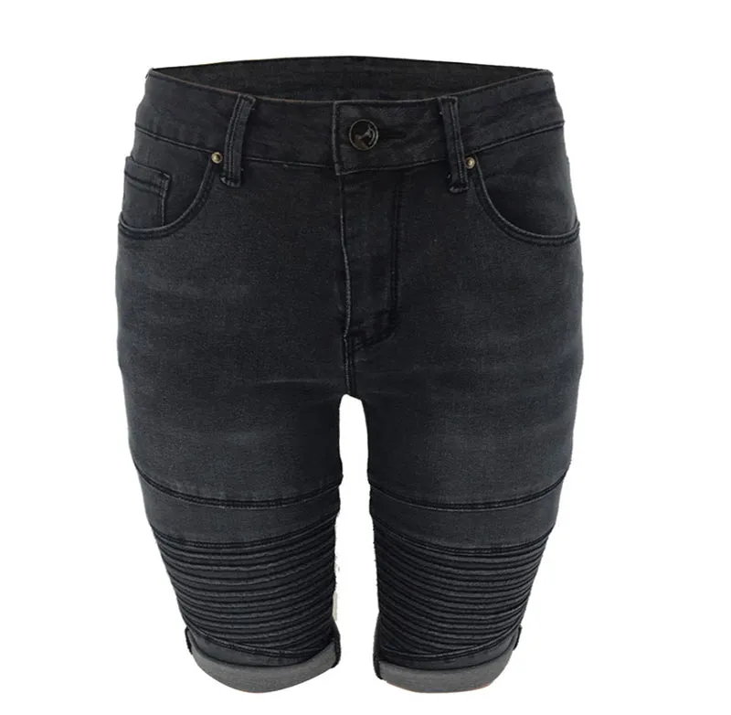 Women's Motorcycle Jean Shorts Mid Waisted Bermuda Shorts