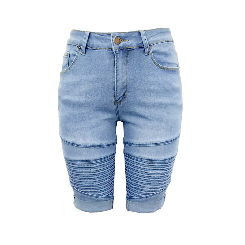 Women's Motorcycle Jean Shorts Mid Waisted Bermuda Shorts