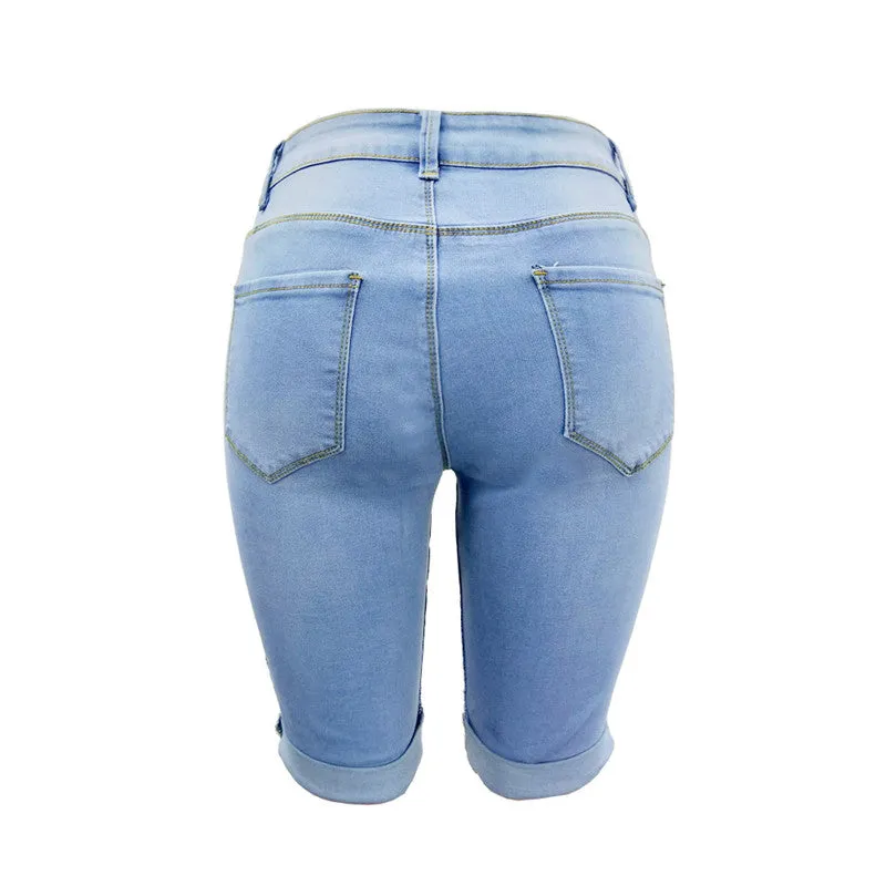 Women's Motorcycle Jean Shorts Mid Waisted Bermuda Shorts