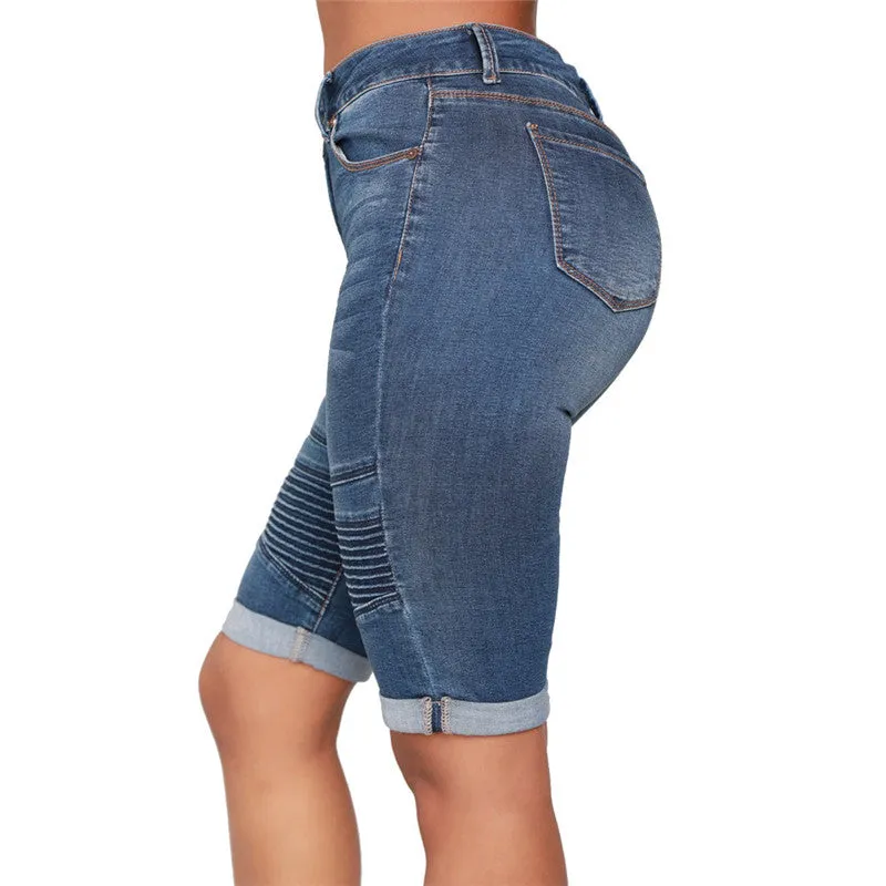 Women's Motorcycle Jean Shorts Mid Waisted Bermuda Shorts