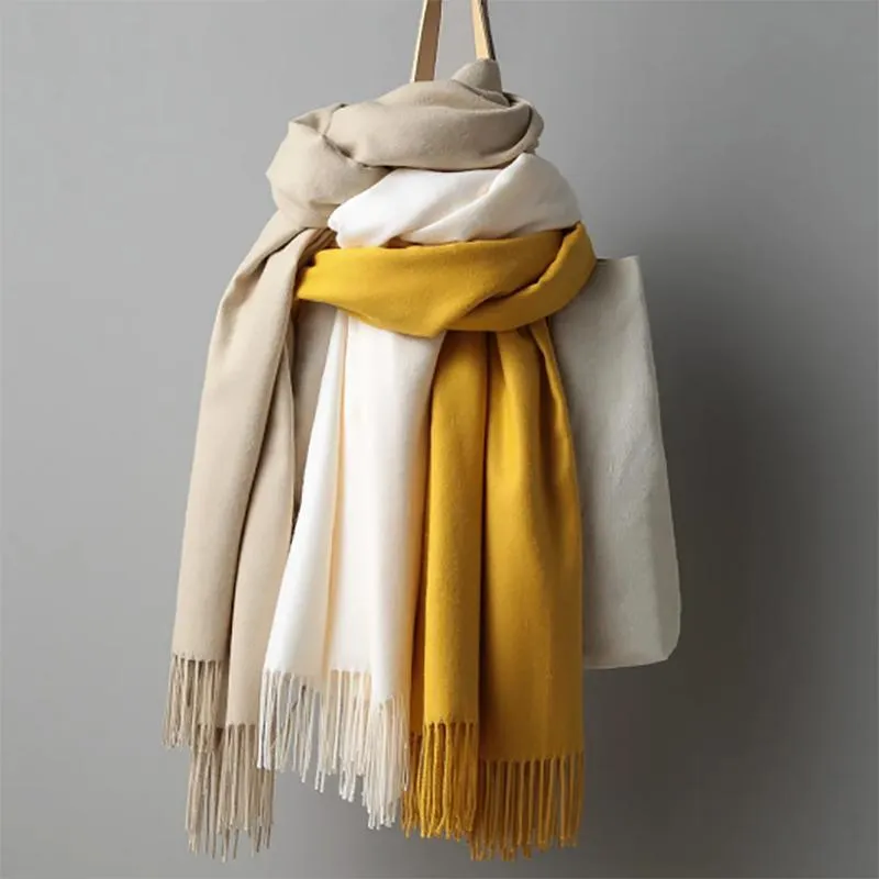 Women's Oversized Scarf Warm Tassel Shawl Solid Color Imitation Cashmere Thickened Dual-use Winter