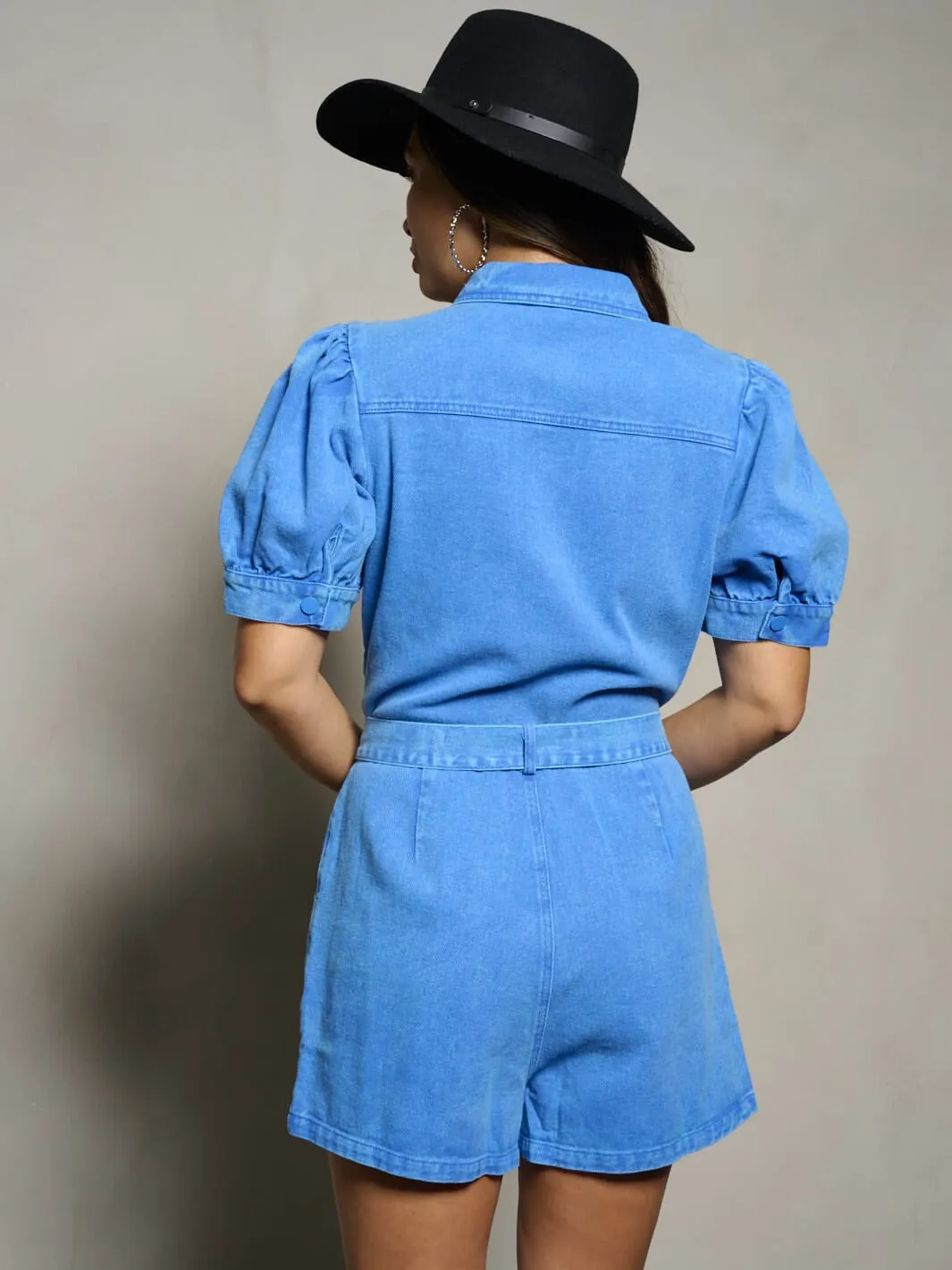 WOMEN'S SHORT PUFF SLEEVE BUTTON UP POCKETS DENIM ROMPER