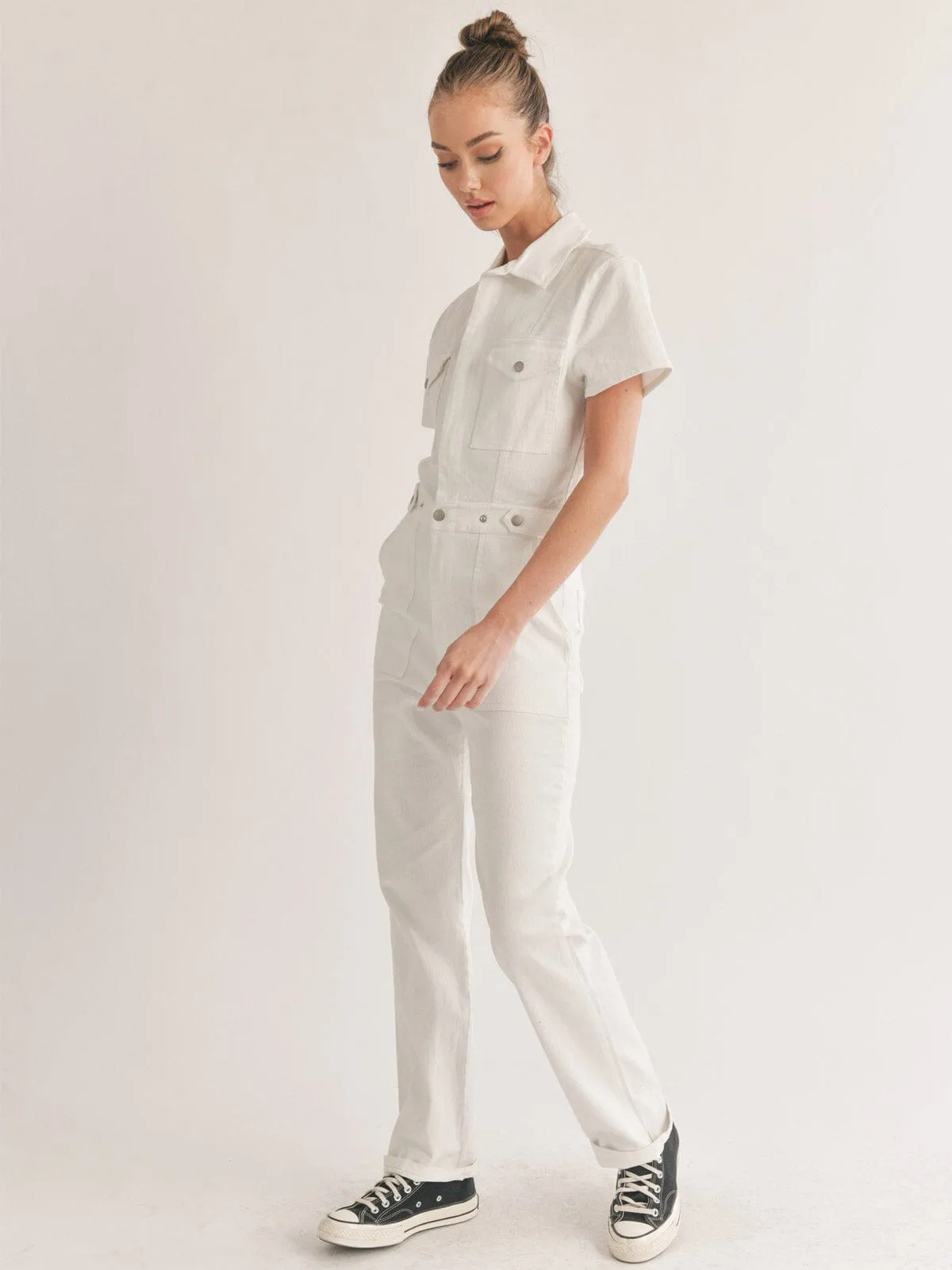 WOMEN'S SHORT SLEEVE BUTTON CLOSURE POCKETS DENIM JUMPSUIT