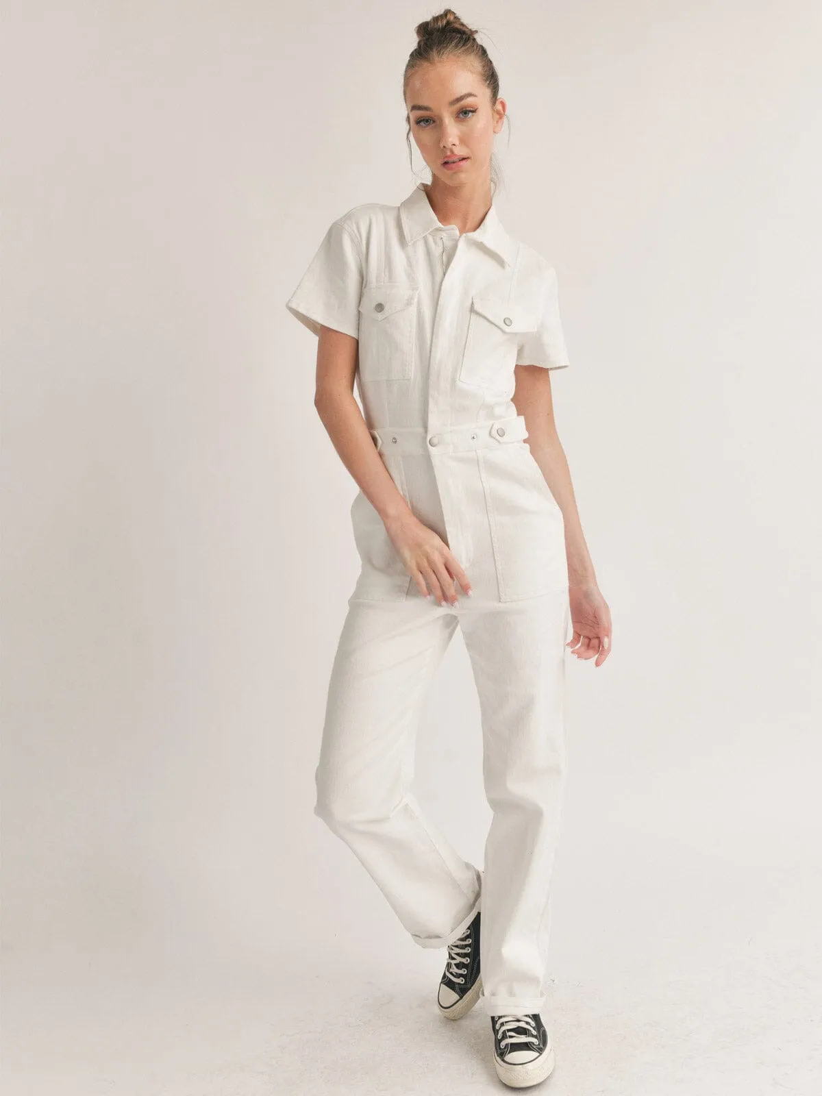 WOMEN'S SHORT SLEEVE BUTTON CLOSURE POCKETS DENIM JUMPSUIT