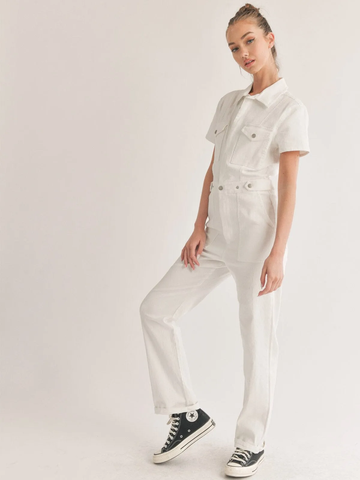 WOMEN'S SHORT SLEEVE BUTTON CLOSURE POCKETS DENIM JUMPSUIT