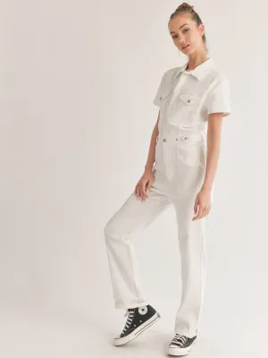 WOMEN'S SHORT SLEEVE BUTTON CLOSURE POCKETS DENIM JUMPSUIT